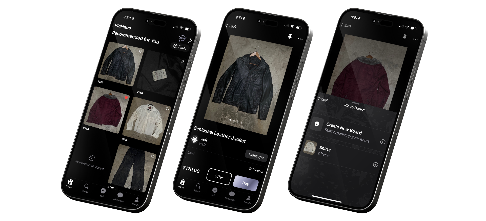 Three iPhone screens showing PinHaus boards, discovery, and marketplace purchase flow.
