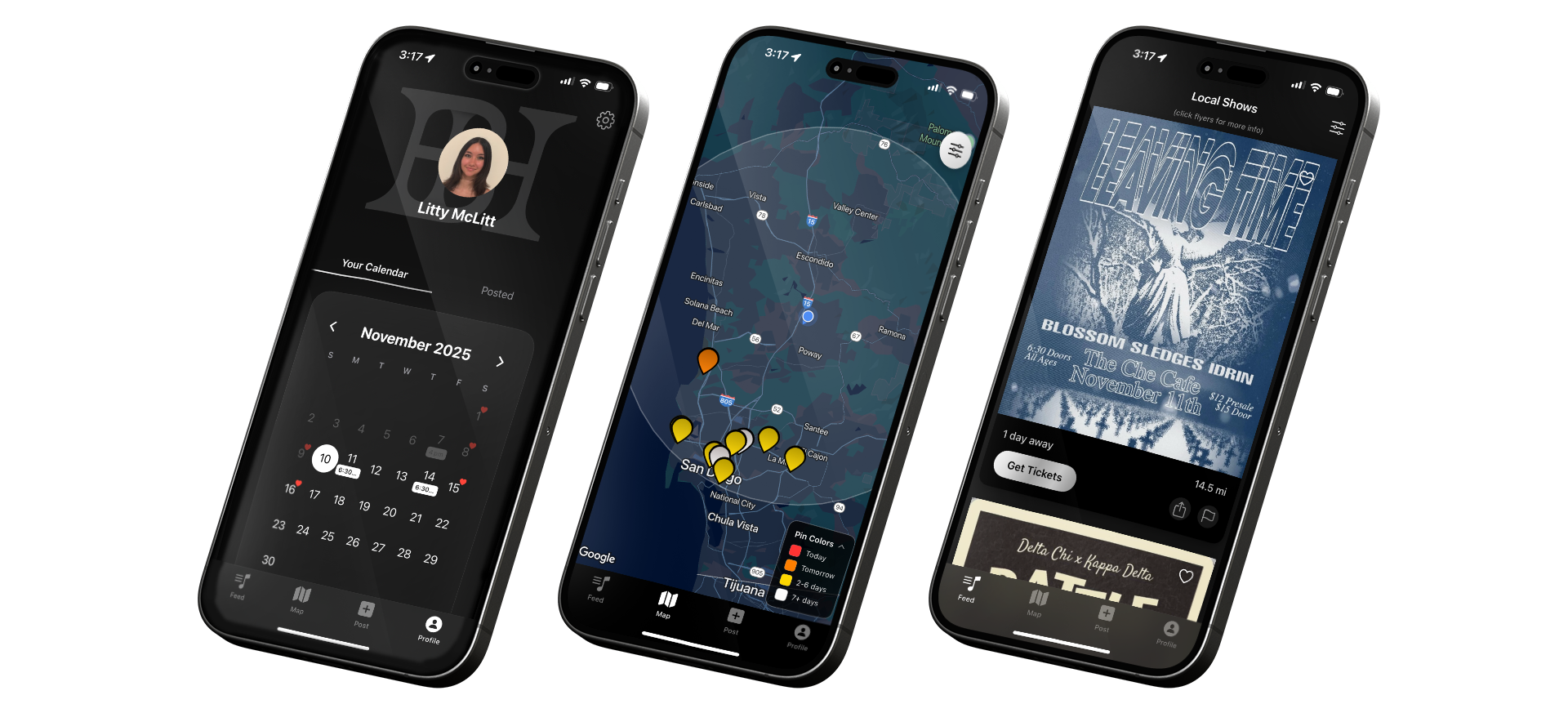 Three iPhone screens showing BandHouse profile with calendar, map with pins, and local shows feed.